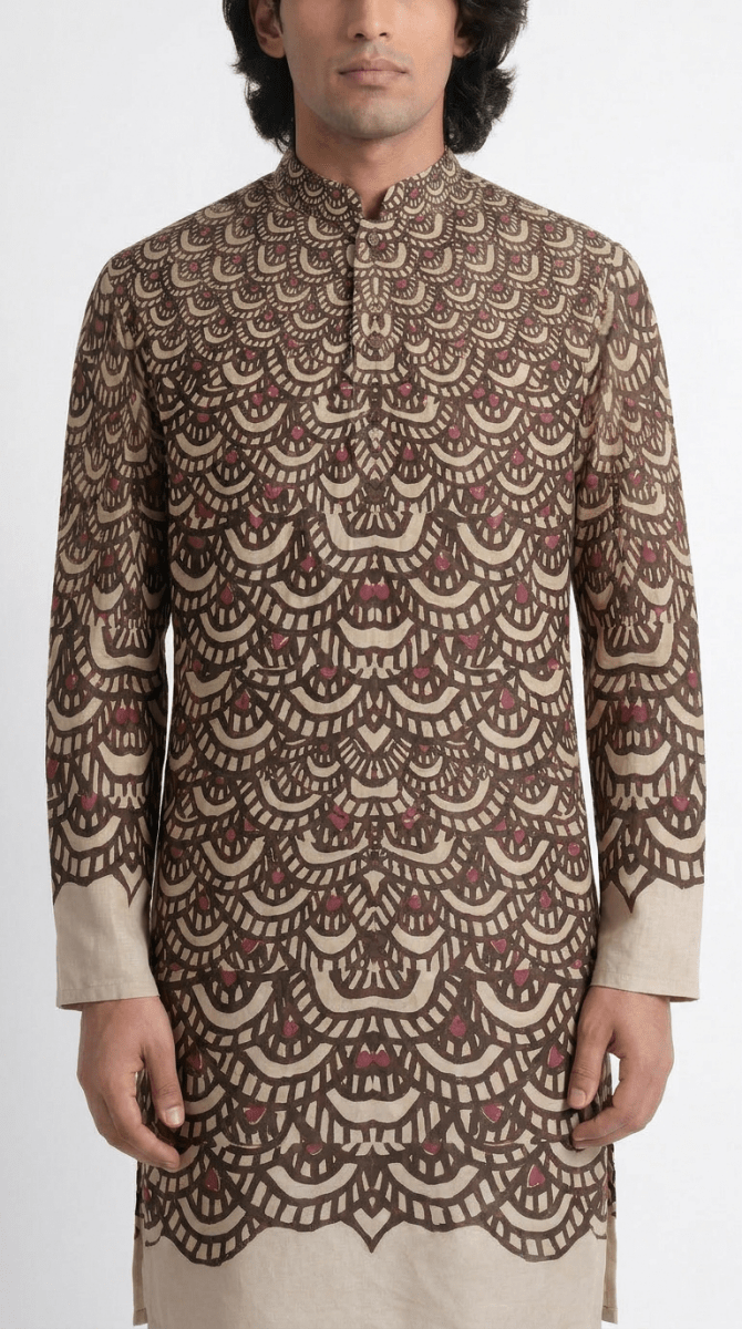 Naymish Cotton Men Kurta — Fish Scale — Black — Festive Wear - Naymish Designs