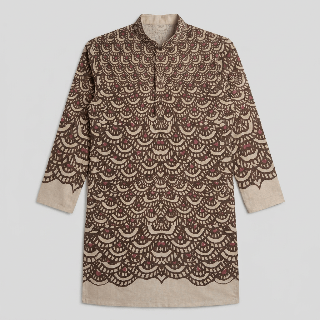 Naymish Cotton Men Kurta — Fish Scale — Black — Festive Wear - Naymish Designs
