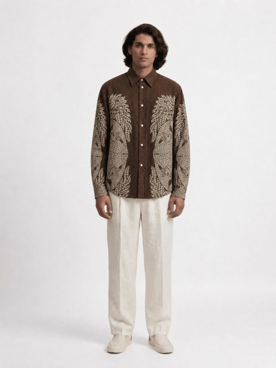 Naymish Cotton Men Shirts — Gond Tree of Life — Brown OR Grey - Naymish Designs