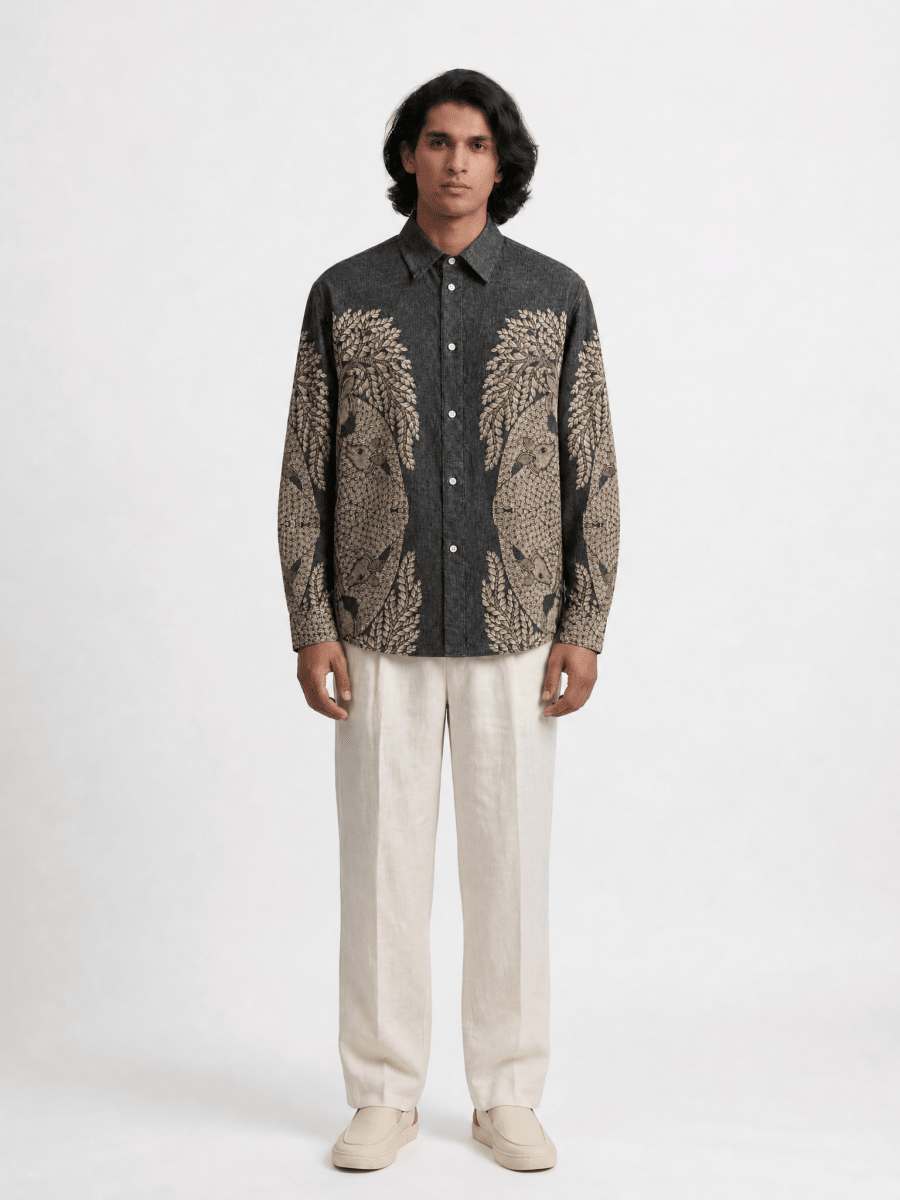 Naymish Cotton Men Shirts — Gond Tree of Life — Brown OR Grey - Naymish Designs