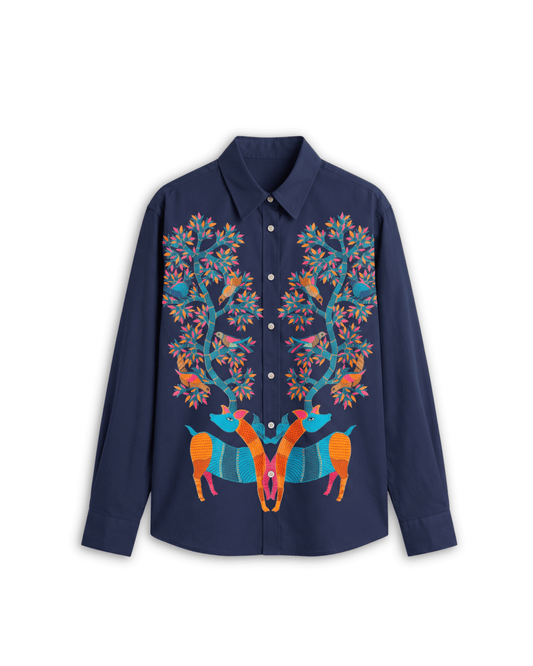 Naymish Giza Cotton Women Shirt — Gond Blue Tree — Blue - Naymish Designs