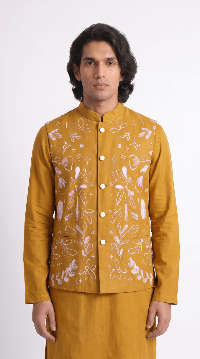 Naymish Men Jackets — Flowerchild Nehru — Yello — Occasion Wear - Naymish Designs