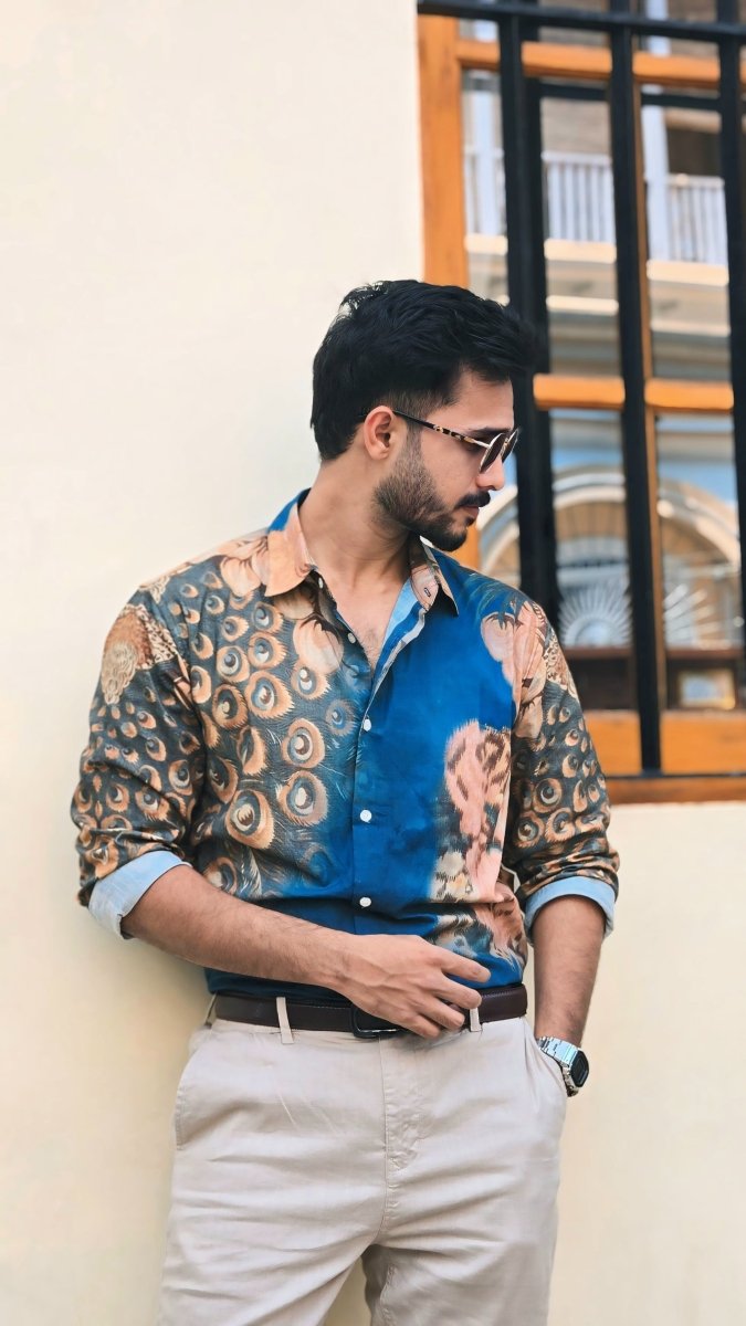 Peacock on the Wall Shirt for Men in Available in Cotton and Linen - Naymish Designs