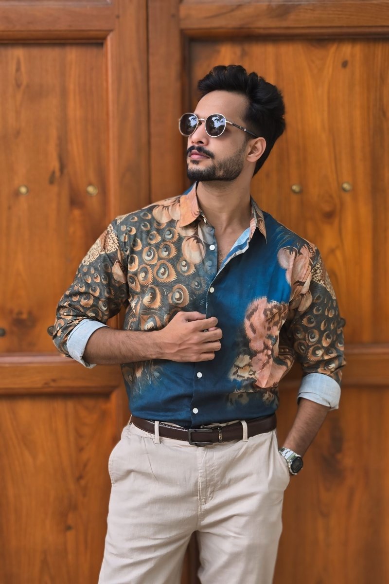 Peacock on the Wall Shirt for Men in Available in Cotton and Linen - Naymish Designs