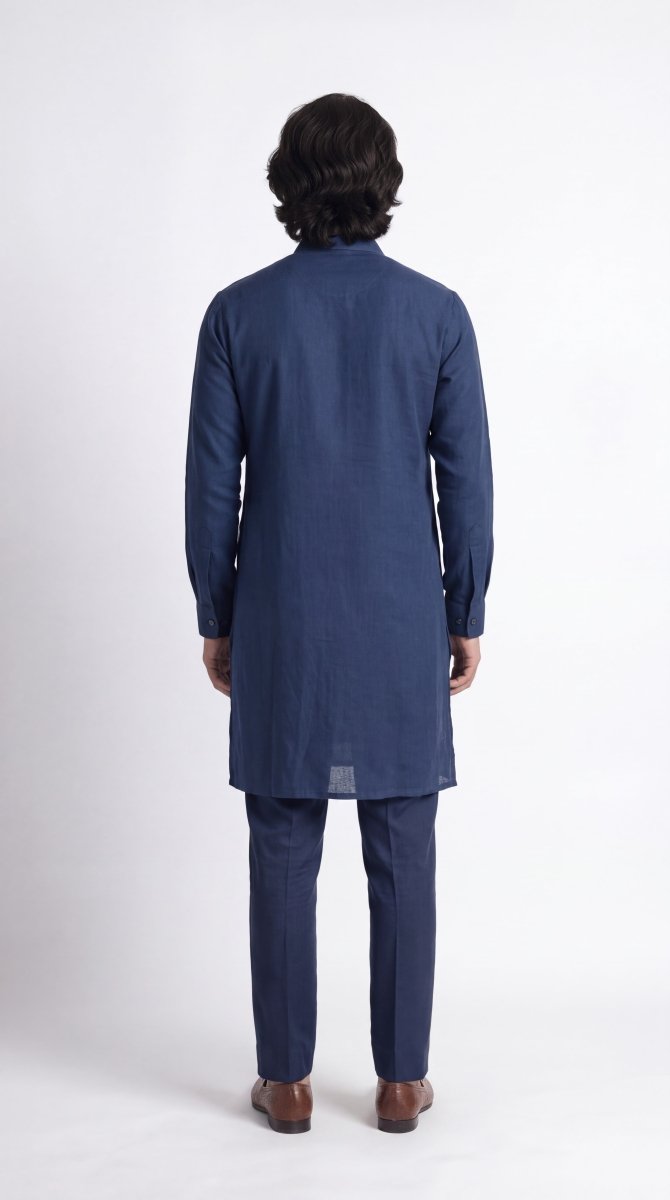 Plain Blue Kurta Pajama Set - Men - Cotton Satin - Naymish Designs