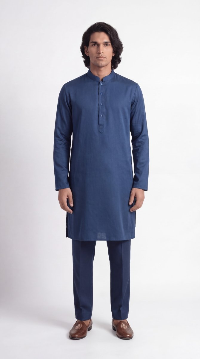Plain Blue Kurta Pajama Set - Men - Cotton Satin - Naymish Designs