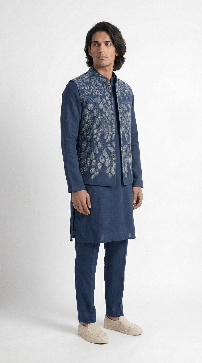 Plain Blue Kurta Pajama Set - Men - Cotton Satin - Naymish Designs