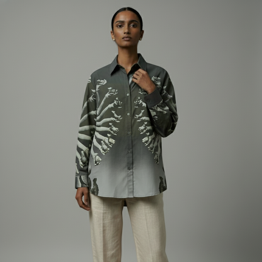 Person wearing a patterned shirt and beige pants on a gray background