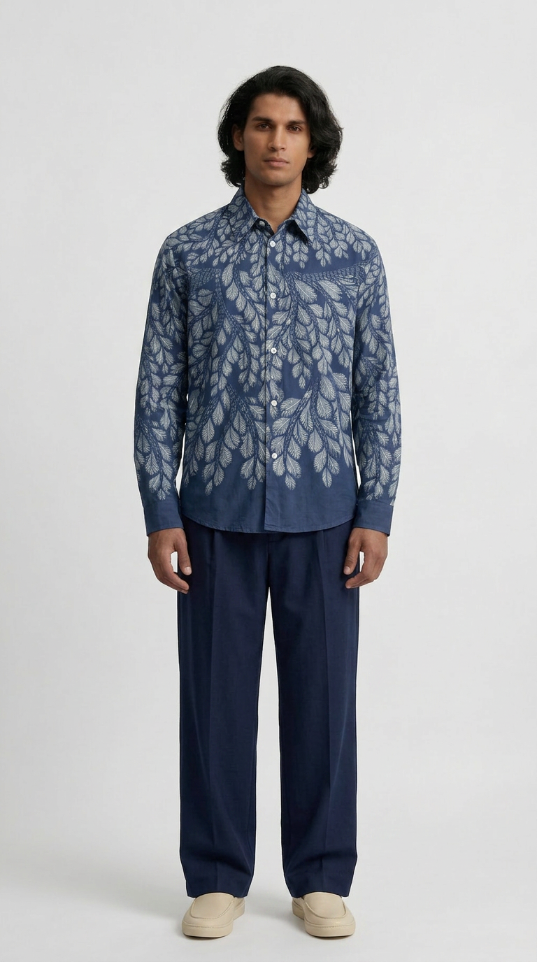 Gond Leaf Shirt Men Blue model front view
