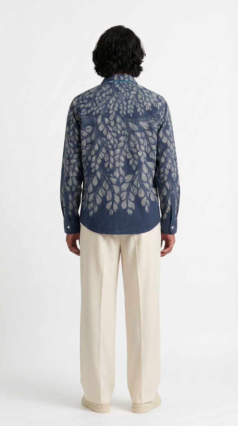 Gond Leaf Shirt Men Blue long sleeve back view