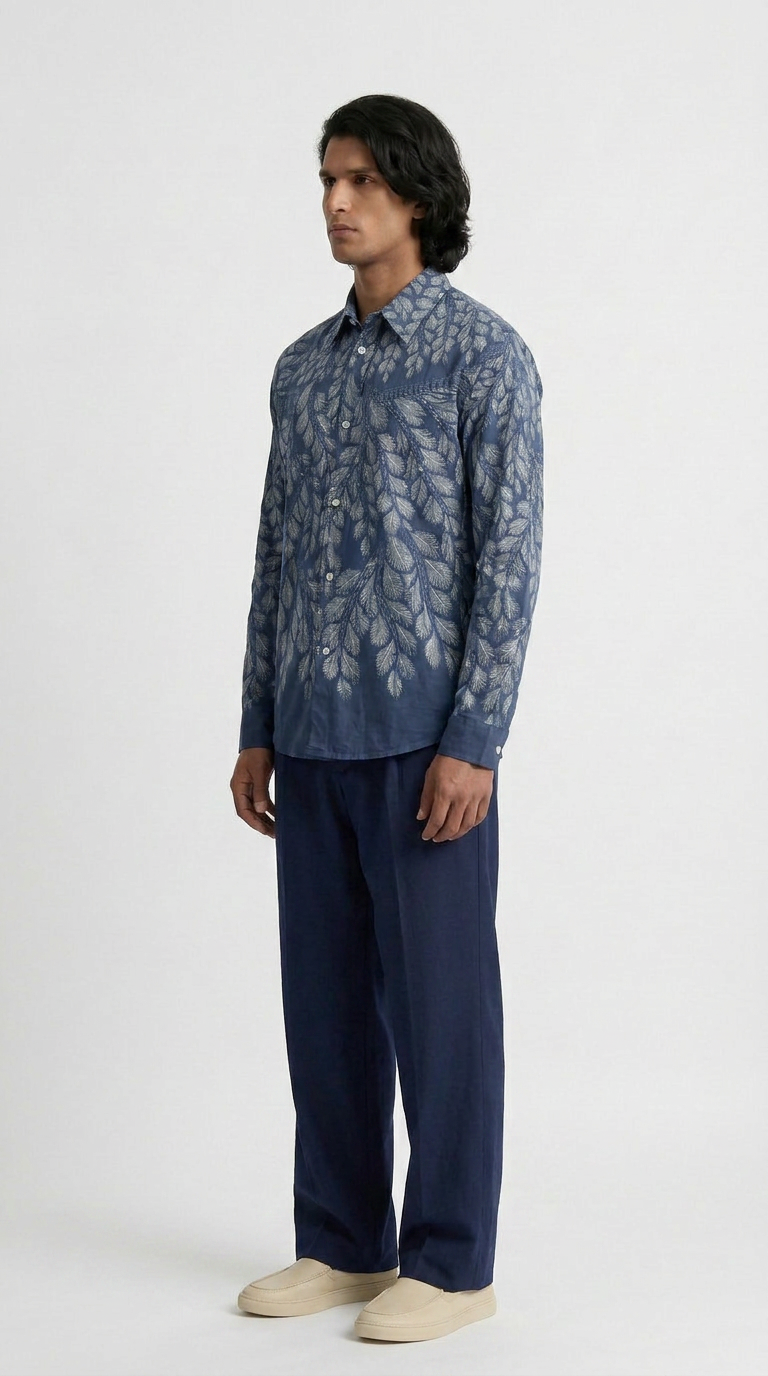 Gond Leaf Shirt Men Blue styled front view