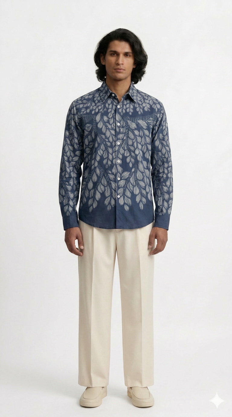 Gond Leaf Shirt Men Blue model shot