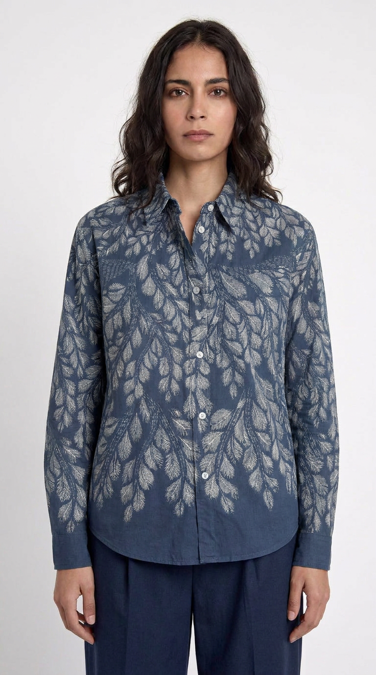 Gond Leaf Shirt Women Blue front model view