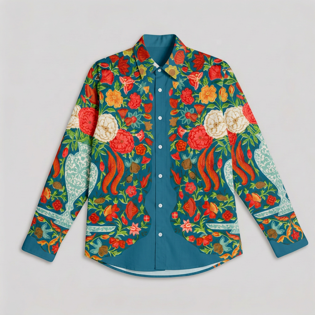 Spring Bloom teal floral cotton shirt, front flat lay