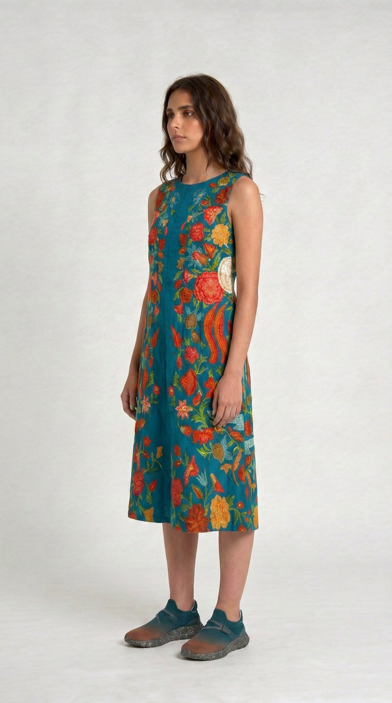 Spring Bloom teal floral cotton dress worn by model, side view