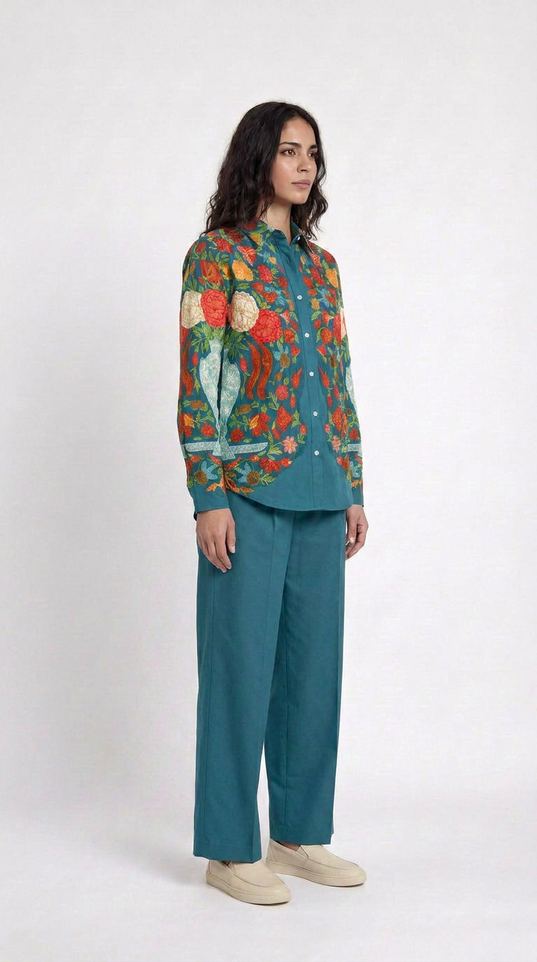 Spring Bloom teal floral cotton shirt worn by model, side view