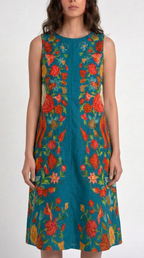 Spring Bloom teal floral cotton dress worn by model, front view