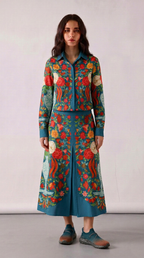 Spring Bloom teal floral cotton shirt skirt set worn by model, side view
