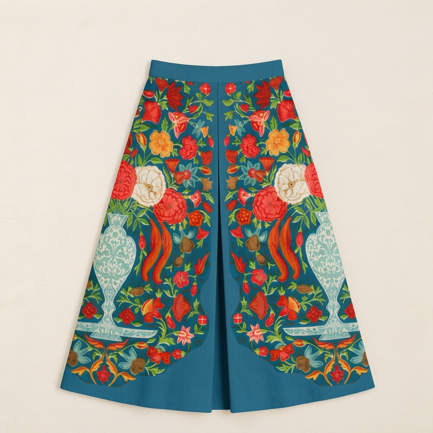 Spring Bloom teal floral cotton skirt, front flat lay