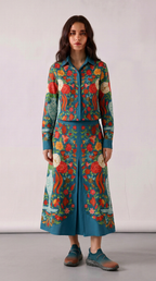 Spring Bloom teal floral cotton shirt skirt set worn by model, front view