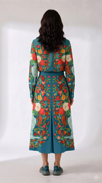 Spring Bloom teal floral cotton shirt skirt set worn by model, back view