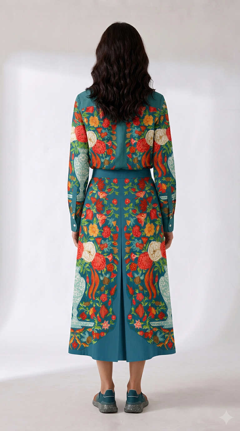 Spring Bloom teal floral cotton shirt skirt set worn by model, back view