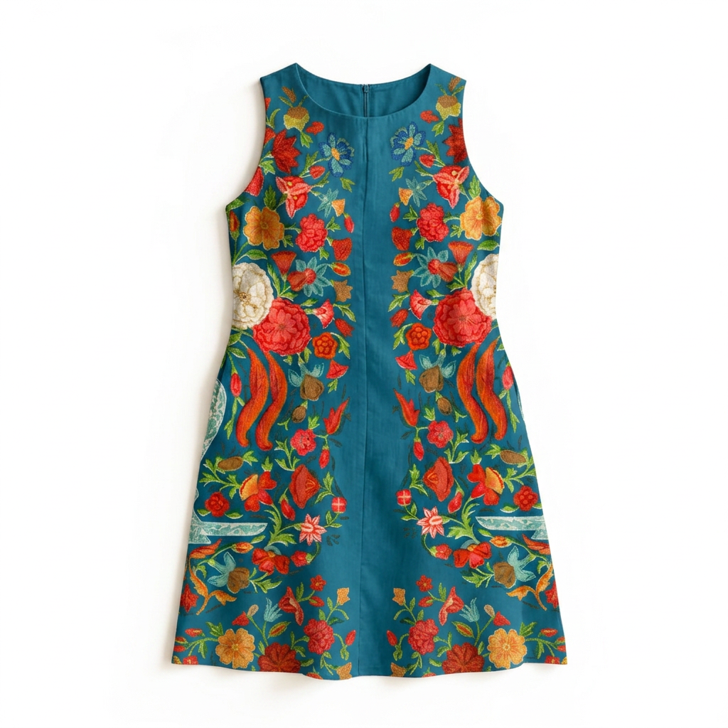 Spring Bloom teal floral cotton dress, front flat lay