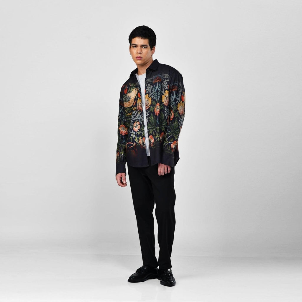 Strawberry Thief - black party wear luxury shirt for men now Available in Cotton and Linen - Naymish Designs