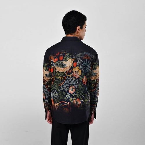 Strawberry Thief - black party wear luxury shirt for men now Available in Cotton and Linen - Naymish Designs