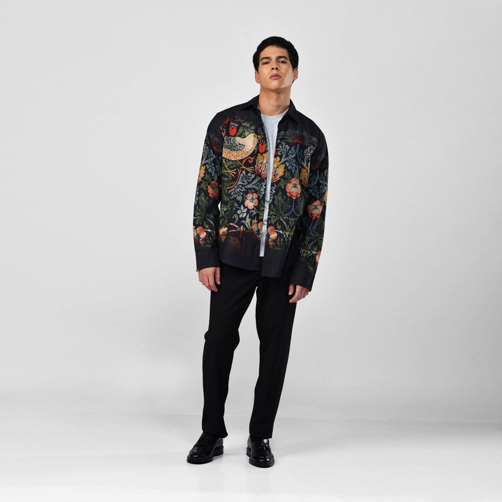 Strawberry Thief - black party wear luxury shirt for men now Available in Cotton and Linen - Naymish Designs