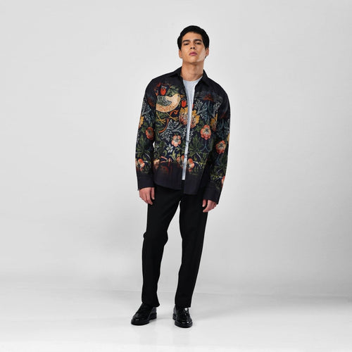 Strawberry Thief - black party wear luxury shirt for men now Available in Cotton and Linen - Naymish Designs