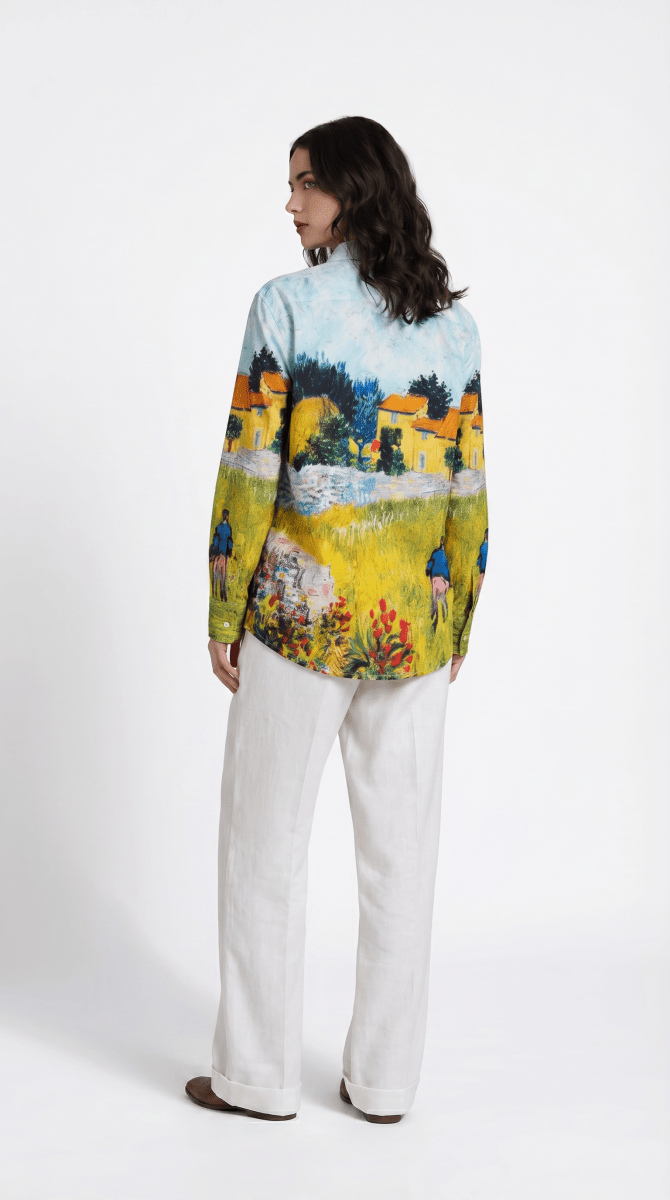 Women Shirt Farmhouse Skyblue Van Gogh Art Shirt Cotton and Linen - Naymish Designs